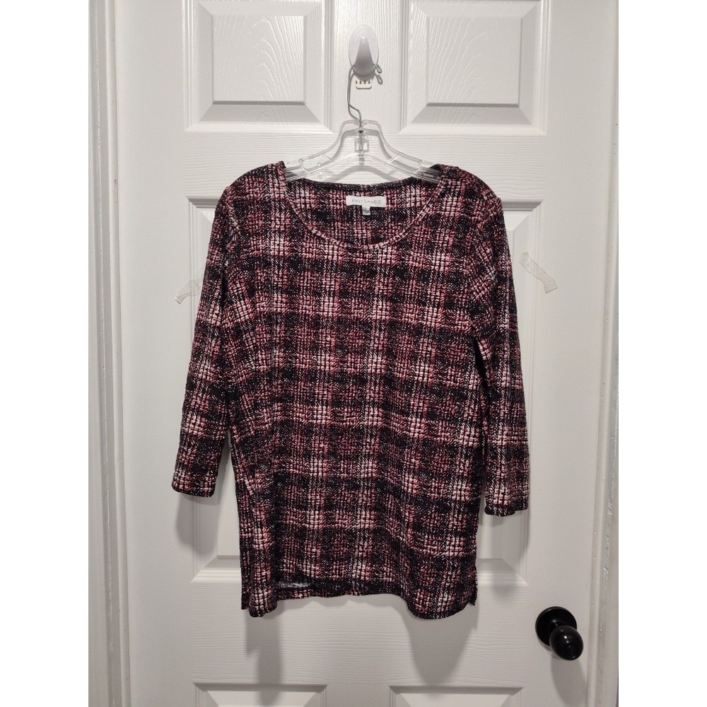 Women's Black Red White Emily Daniels Plaid Top Blouse 3/4‎ Sleeve Stretch LARGE